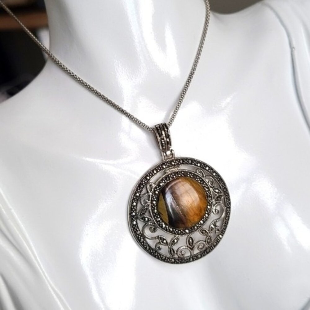 Vintage Sterling Silver Boho Tiger's Eye Marcasite Chunky Pendant Necklace